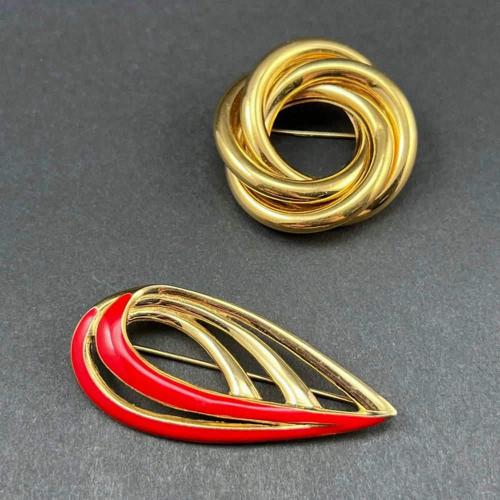 Vintage Brooch Lot of 2 Gold Tone Red Enamel Signed Trifari Napier